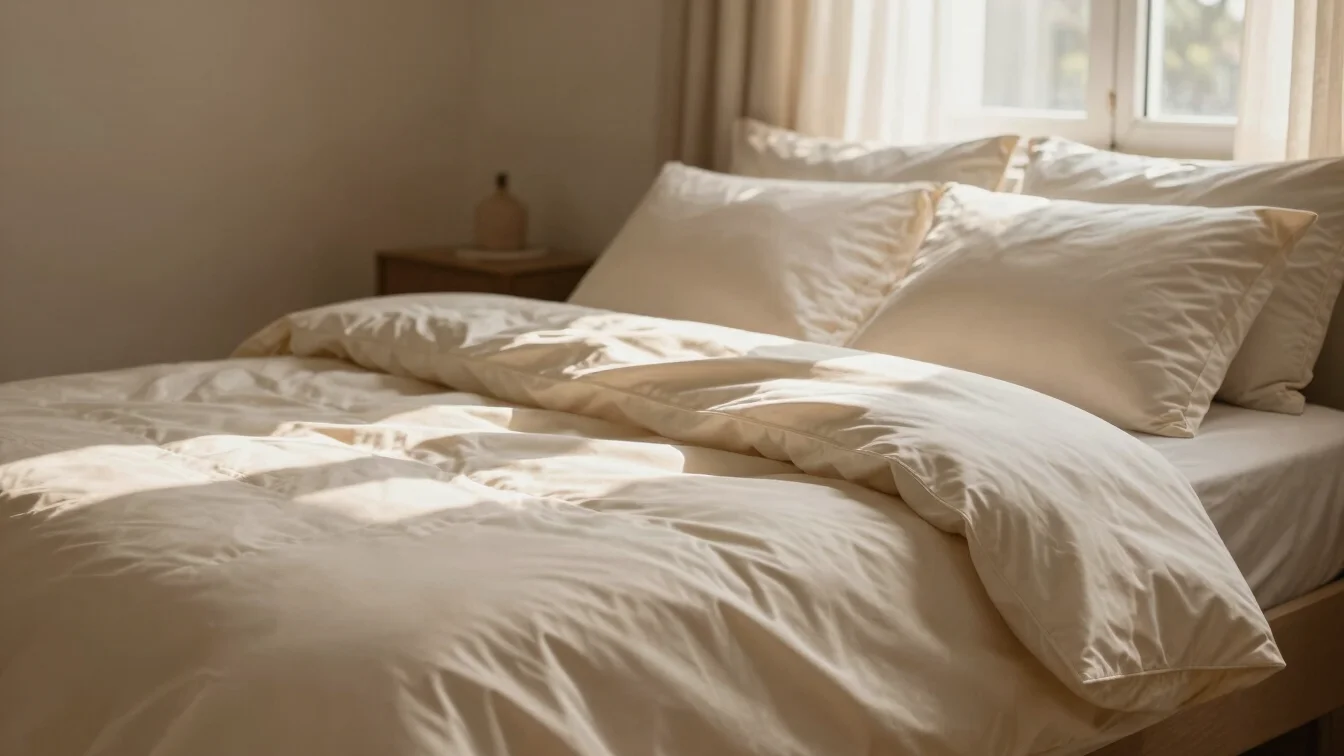 Warm editorial interior photography of a single bed with cream co