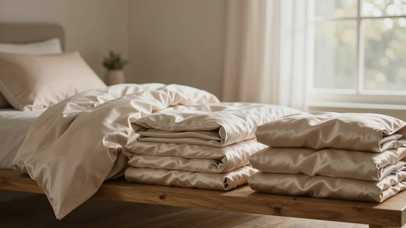 Warm editorial photography of folded cotton satin bedding neatly