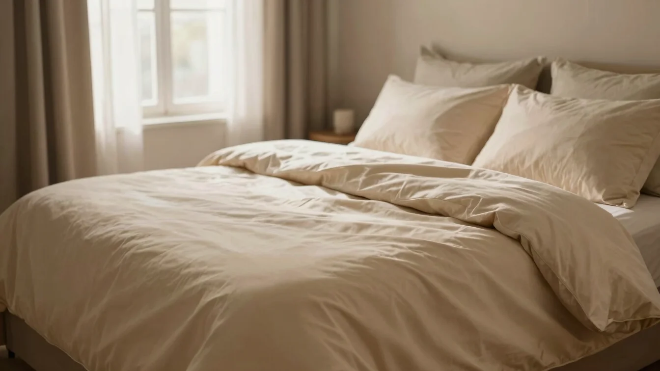 Warm editorial interior photography of a wide bed dressed in beig